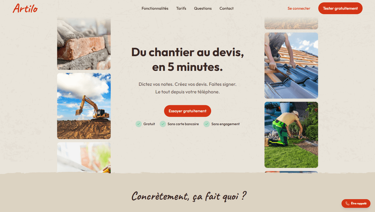 Capture du projet Artilo | Application SaaS pour artisans du bâtiment. Du chantier au devis en 5 minutes.