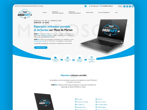 Capture du projet Ordinet + | Dépannage informatique. Site de services avec tarifs et demande d'intervention.